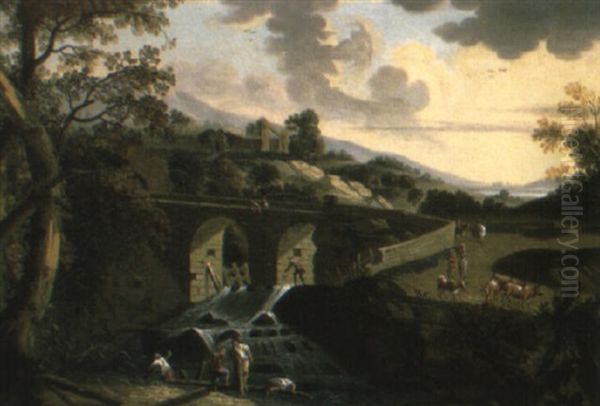 A Landscape With Labourers Repairing A Weir By A Bridge - view 1