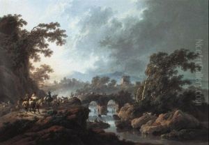 River Landscape With Drovers, Cattle And Goats Crossing A Bridge by Jean-Baptiste Pillement
