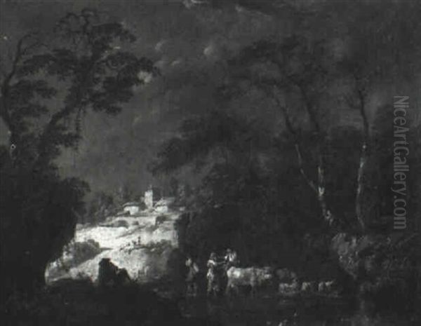 Landscape With Shepherds And Animals Fording A Stream - view 1