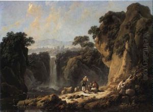 Rocky Landscape With Waterfall And Shepherds by Jean-Baptiste Pillement