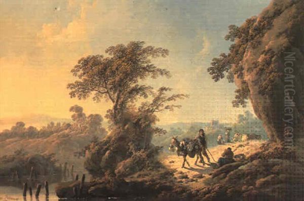 Paysage Avec Des Rochers Au Coucher Du Soleil, Et Des Paysans Pres D'une Riviere - view 1