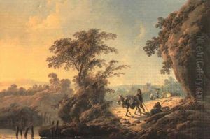 Paysage Avec Des Rochers Au Coucher Du Soleil, Et Des Paysans Pres D'une Riviere Paysage Avec Des Rochers Au Coucher Du Soleil, Et Des Paysans Pres D'une Riviere