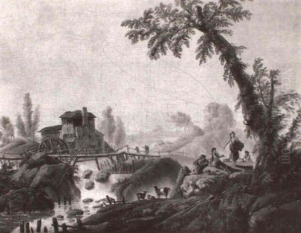 Paysage Au Moulin Et Pont De Bois - view 1