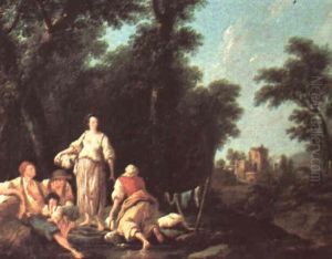 Gypsy Family Laundering In A Stream Amid A Landscape With Ruin by Jean-Baptiste Pillement