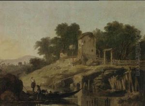A River Landscape With Figures And A Ferry Boat Near Farm   Buildings