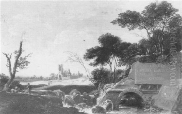 An Extensive River Landscape With A Ruined Bridge, A Tombstone And A Ruin Beyond - view 1