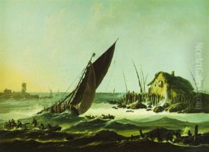 View Of The Tagus, Portugal With Ships And Boats Ina Rough Sea &mountainous Landscape With Two Footbridges...