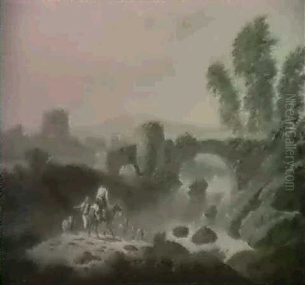 Paysage Anime Avec Pont Fortifie Enjambant Une Riviere - view 1