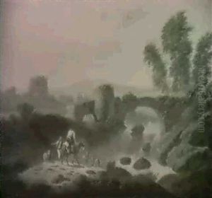 Paysage Anime Avec Pont Fortifie Enjambant Une Riviere