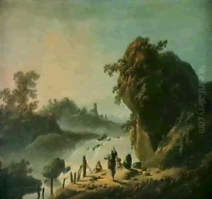 Lavandieres Dans Un Paysage De Cascades Au Portugal; Bord De Mer Au Portugal Au Coucher Du Soleil by Jean-Baptiste Pillement