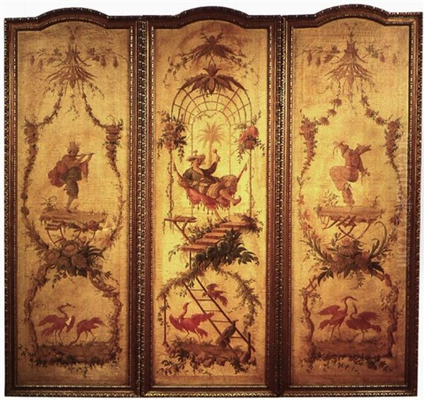 Chinese Musicians In Stylized Gardens With Birds And Flowersa Set Of Three Chinoiserie Paintings Mounted As A Screen - view 1