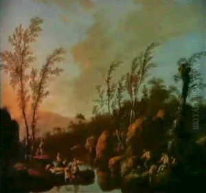 Pecheurs Et Lavandieres Dans Un                             Paysage