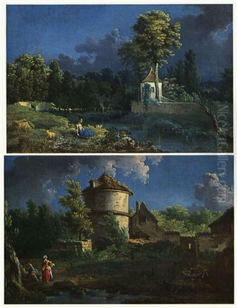 Figures By A Brook With A Dovecote And Other Buildings In The Distance And A Sheperdhess - view 1