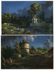 Figures By A Brook With A Dovecote And Other Buildings      In The Distance And A Sheperdhess