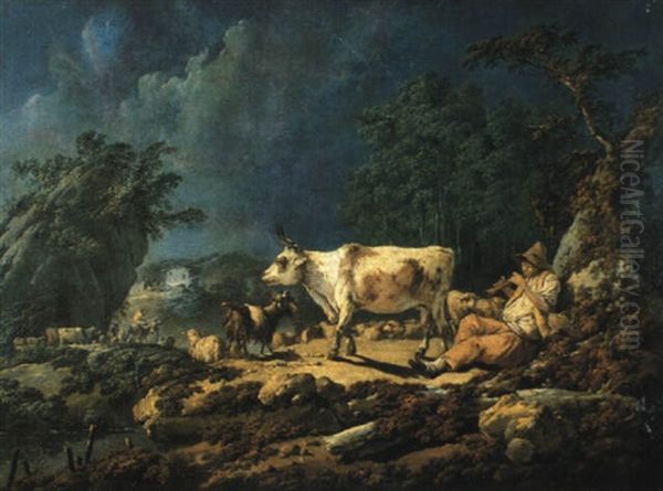 Shepherd Boy Playing A Pipe In A Landscape By A Pool - view 1