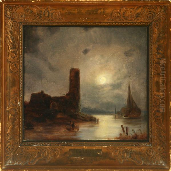 Coastal Scenery Withruined Castle In Moonlight - view 1