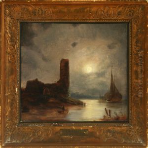 Coastal Scenery Withruined Castle In Moonlight by August Vilhelm Boesen