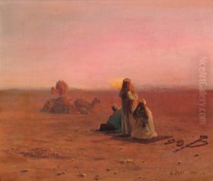 Araber Beim Abendgebet In Der Wuste Mit Kamelen