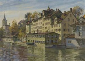Die Limmat Mit Der St. Peter Kirche In Zurich