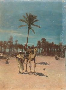 Abendliche Oasenstimmung Mit Araber Und Kamel by Otto Pilny