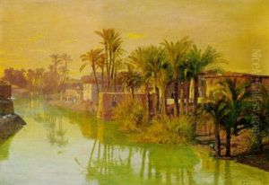 Siedlung An Einem Nilarm Bei Sonnenuntergang by Otto Pilny