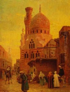 Arab Street Scene With Mosque by Otto Pilny