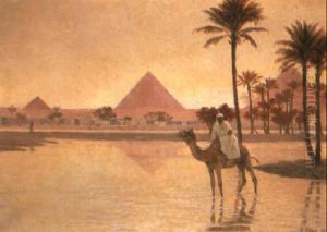 The Pyramids At Sunset With An Arab On A Camel by Otto Pilny