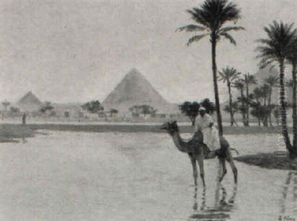 Camel And Rider At An Oasis Before The Pyramids - view 1