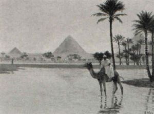 Camel And Rider At An Oasis Before The Pyramids