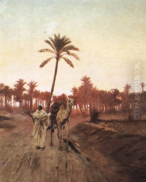 An Arab And His Camel At Sunset - view 1