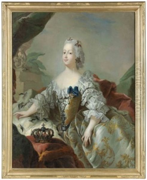 Portrait Of Louisa, Queen Of Denmark (1724-1751), Half-length, In A Gold Embroidered White Silk Dress Set With Precious Stones And Pearls, With An Ermine-lined Red Cape, Pearl Earrings And Headdress - view 1