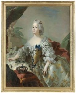 Portrait Of Louisa, Queen Of Denmark (1724-1751), Half-length, In A Gold Embroidered White Silk Dress Set With Precious Stones And Pearls, With An Ermine-lined Red Cape, Pearl Earrings And Headdress