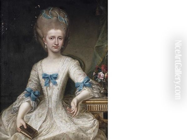 Portrait Of A Lady, Half-length, In A White Dress Decorated With Blue Ribbons, Seated, Holding A Book - view 1