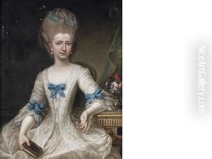 Portrait Of A Lady, Half-length, In A White Dress Decorated With Blue Ribbons, Seated, Holding A Book by Carl Gustav Pilo