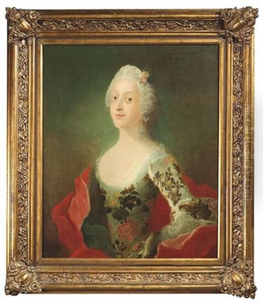 Louisa, Konigin Von Danemark In Einem Blaugrauen Seidenkleid Mit Aufgesetztem Floralem Dekor Im Stil Der Turquerie-mode Und Einen Rotem Mantel - view 1