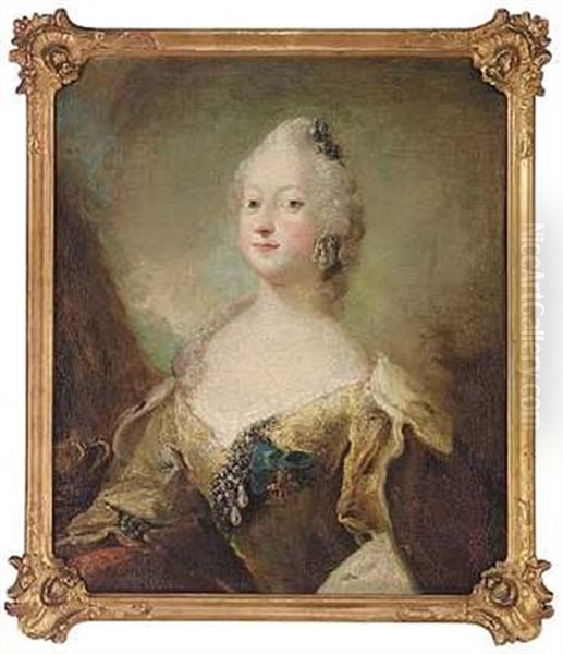 Portraet Af Dronning Louise I Gul Brokadekjole Og Hermelinskabe (+ Portraet Af Frederik V I Rustning Med Elefantordenens; Pair) - view 1