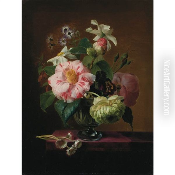 Still Life Of Flowers In A Crystal Vase On A Table Top - view 1