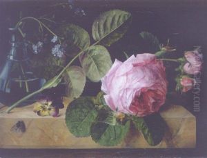 Roses, A Pansy, Forget-me-nots In A Glass Vase And A Fly On A Marble Ledge