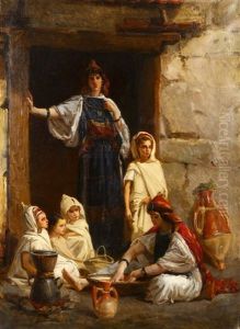 Orientalist Family At Doorway Preparing Cous-cous