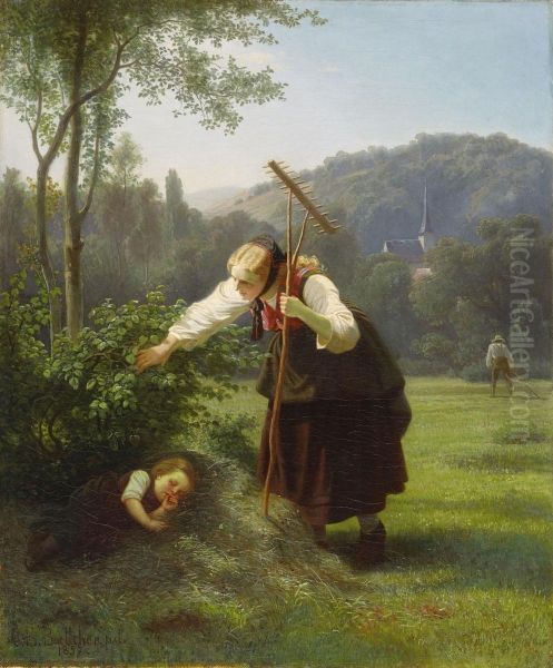 Junge Bauerin Bei Derheuernte Mit Ihrem Schlafenden Kind - view 1