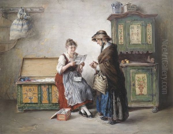 Bauerliches Interieur Mit Mutter Und Tochter Beim Brieflesen - view 1