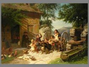 Kinderspiel Auf Dem Hof Vor Tiefer Landschaft by Christian Eduard Boettcher