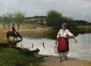 Fluslandschaft Mit Bauerin Und Offizier Zu Pferde