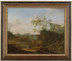 Weite Italienisierende Landschaft Mit Flussfischern Im Vordergrund Und Zahlreichen Staffagefiguren