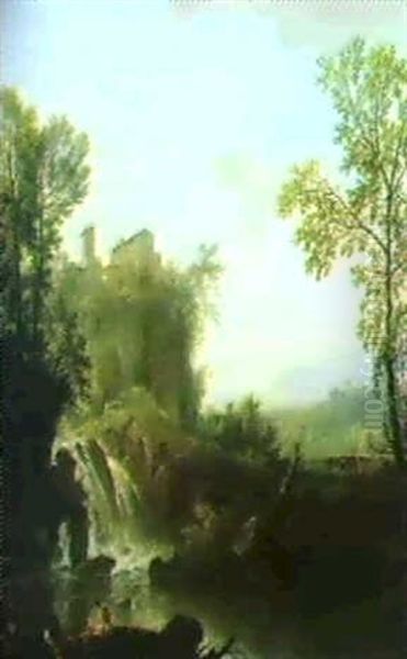 Anglers By Waterfall In An Italian Landscape - view 1