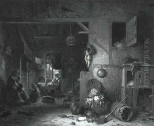 A Family In A Cottage Interior by Hippolyte Alexandre Pinart