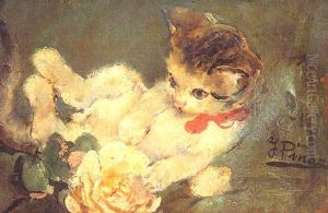 Gatito Jugando Con Una Rosa by Ignacio Pinazo Camarlench
