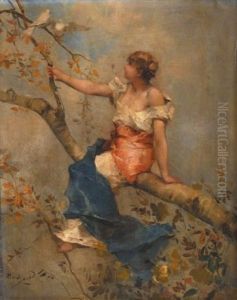 Jeune Femme Assise Sur Une Branche D'arbre, Deux Colombes Lui Faisant Face