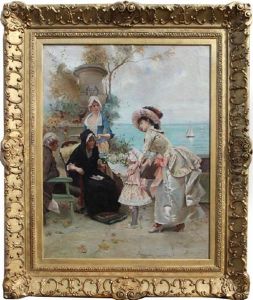 A Family Gathering By The Sea Shore by Emile Auguste Pinchart
