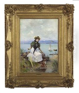 Jeune Femme Au Bord De La Mer by Emile Auguste Pinchart